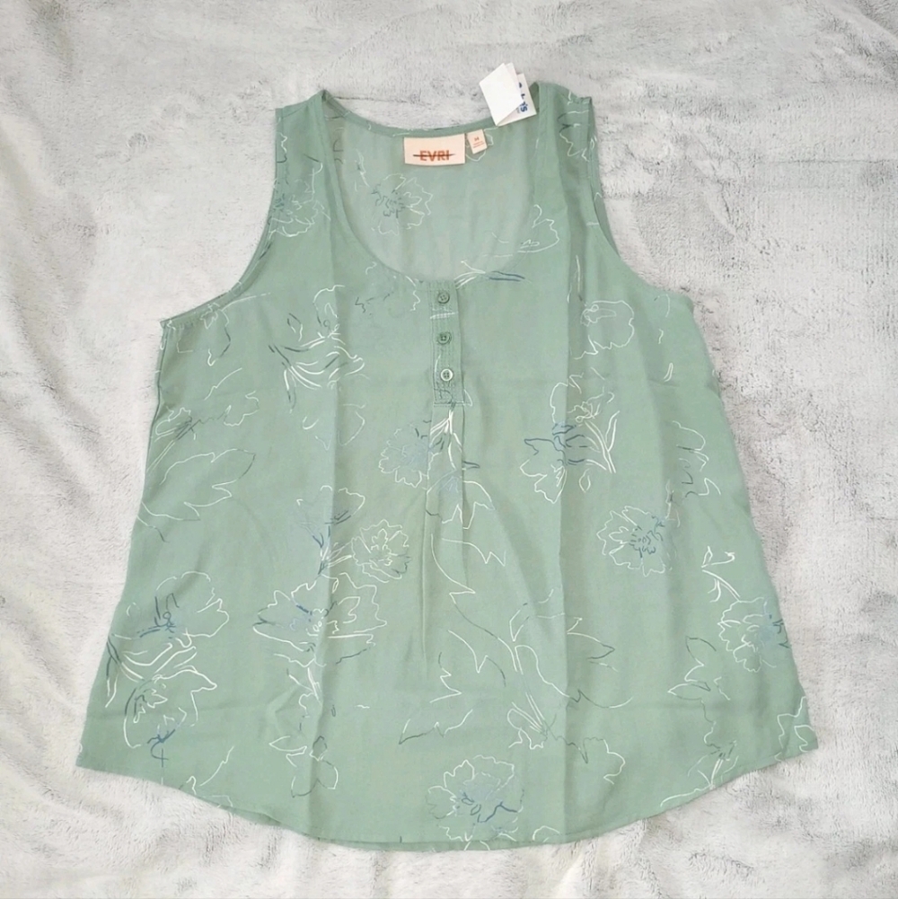 EVRI Womens Medium Green Floral Sleeveless Tank Top Button Flowy Vacation Cruise